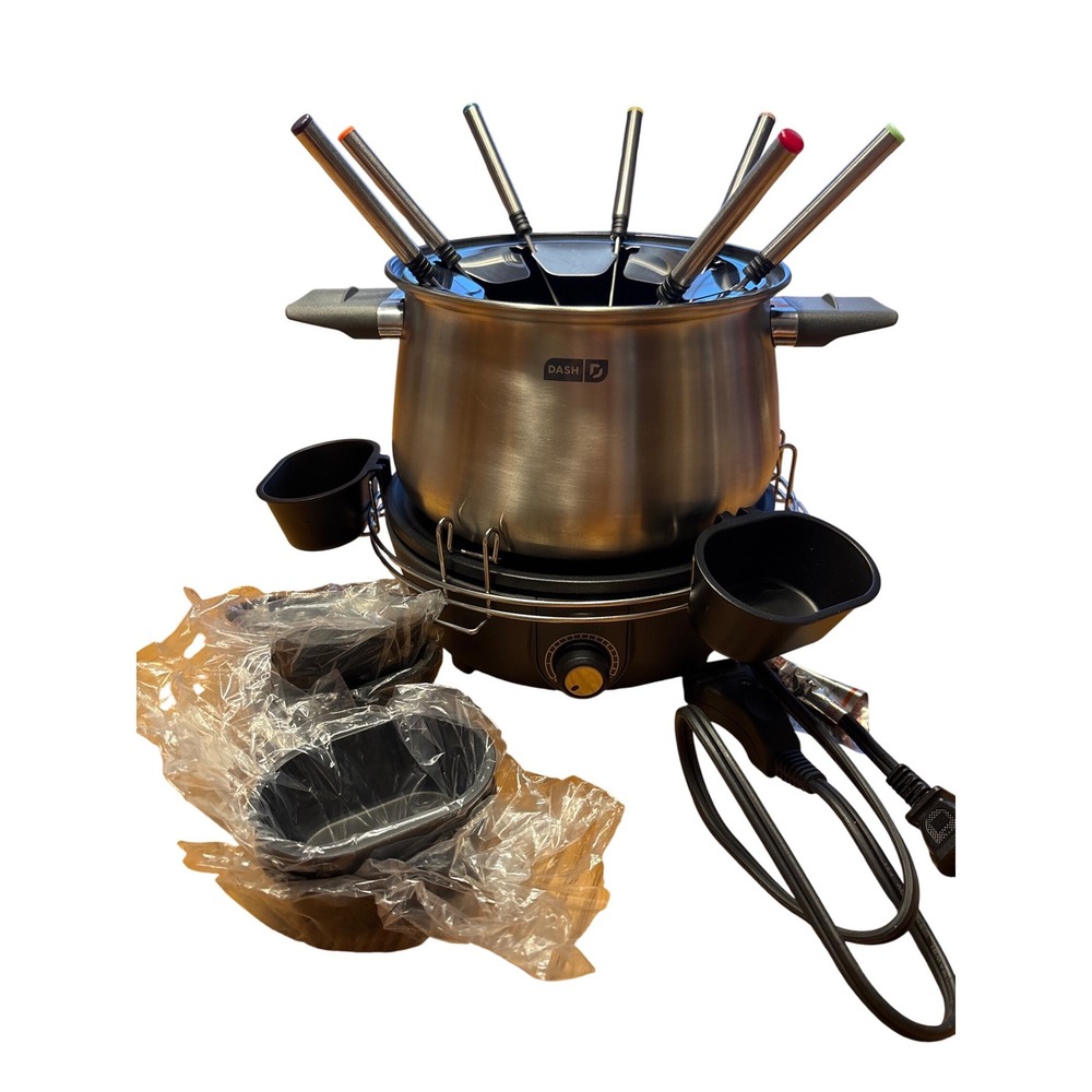Dash Deluxe Electric Fondue Maker 3 Quart Stainless Steel Set with 8 Forks